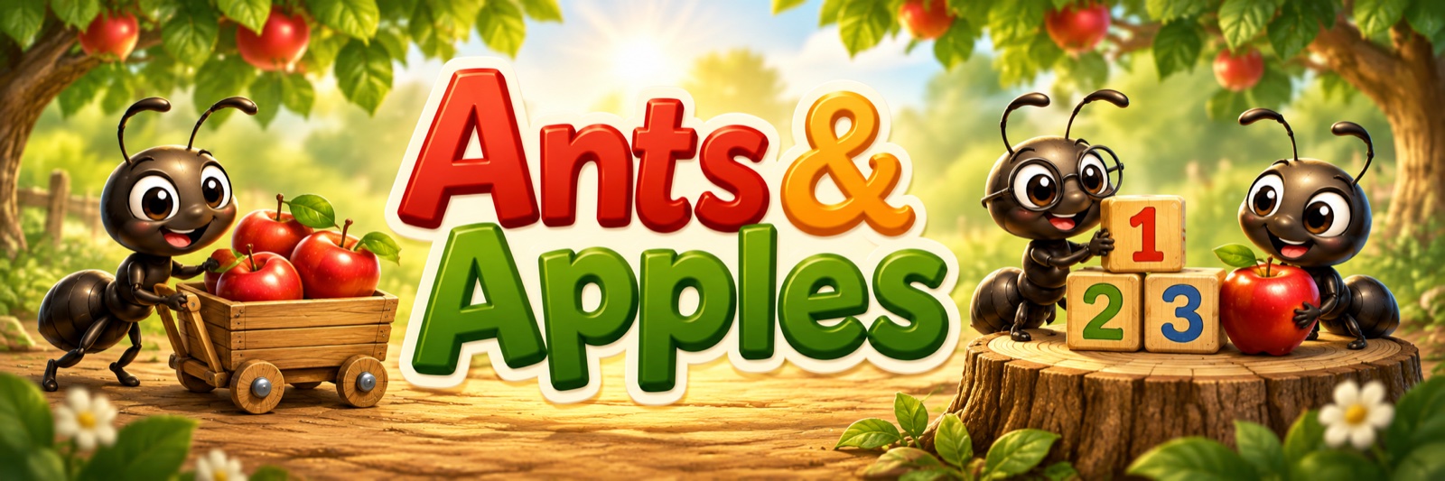 Friendly ants gathering apples and exploring number blocks in a sunny discovery orchard